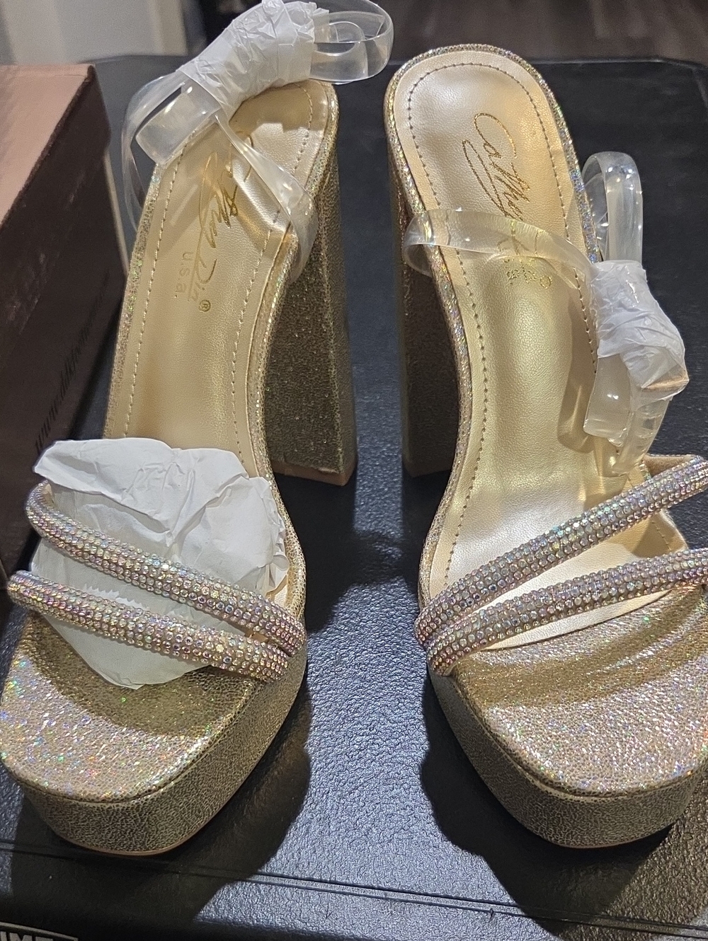 Sparkling Gold Platform Heeled Sandals with Crystal Straps